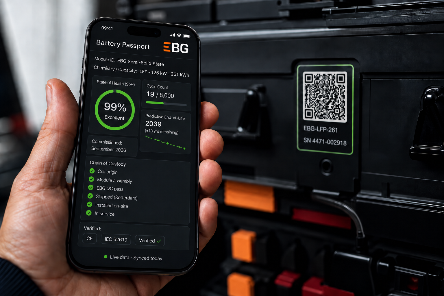 Smartphone displaying the EBG Digital Battery Passport interface with battery health and traceability data.