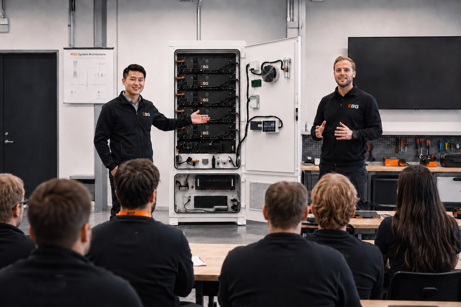 Two EBG engineers presenting an open battery cabinet to a classroom of installers.
