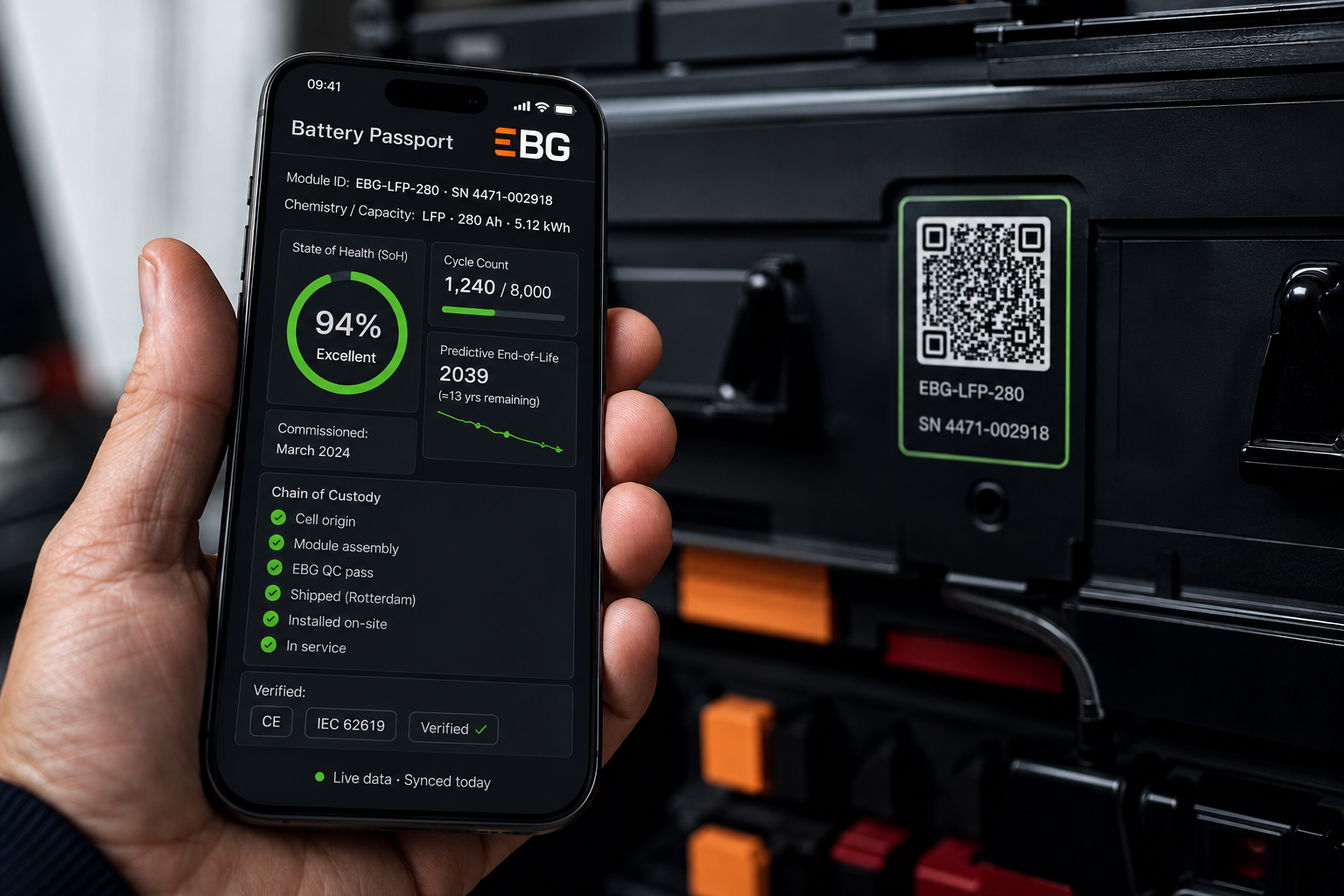 Smartphone displaying the EBG Digital Battery Passport interface with battery health and traceability data.