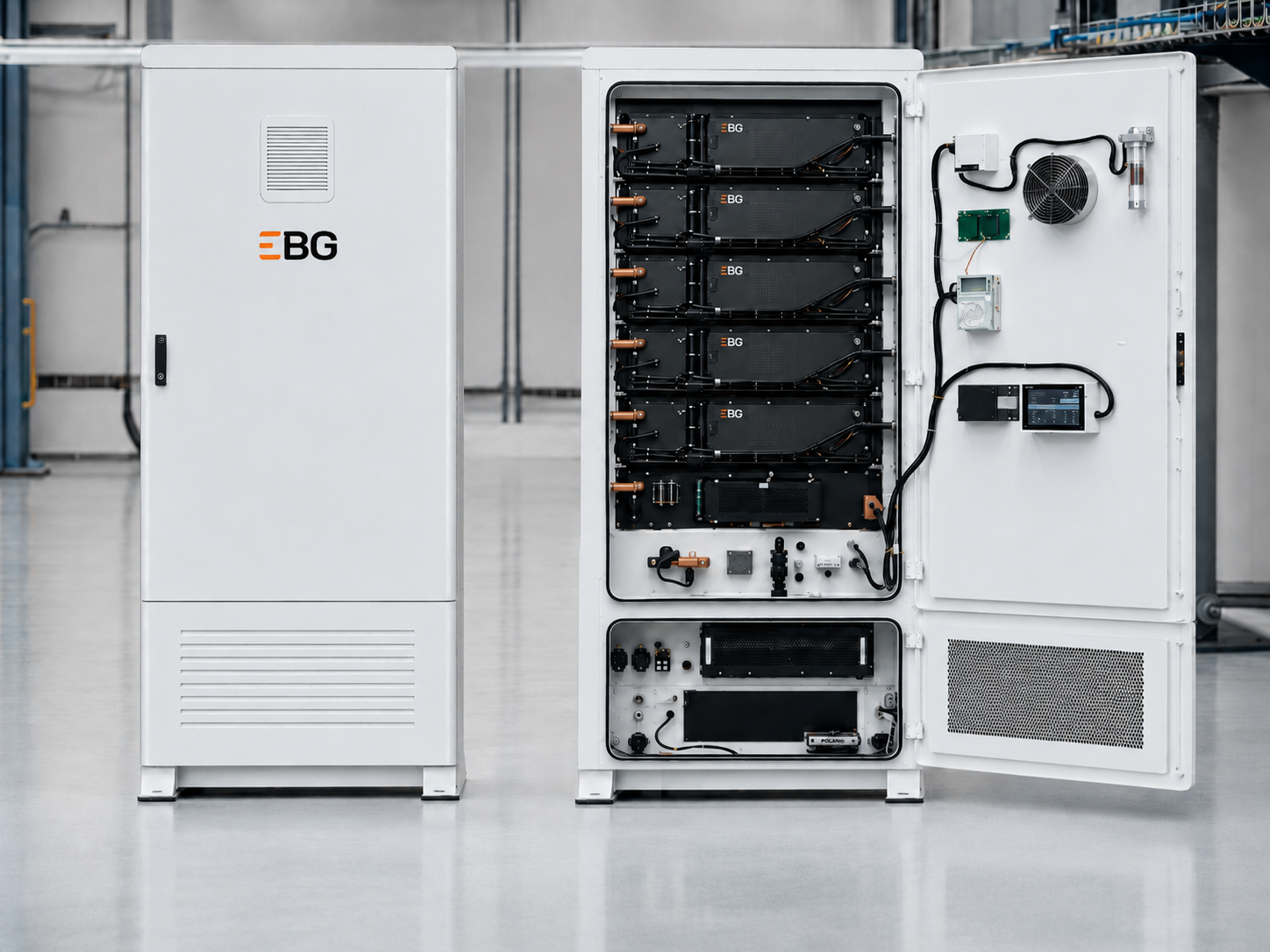 Two EBG battery cabinets side by side in a factory, one closed and one open showing internal modules.