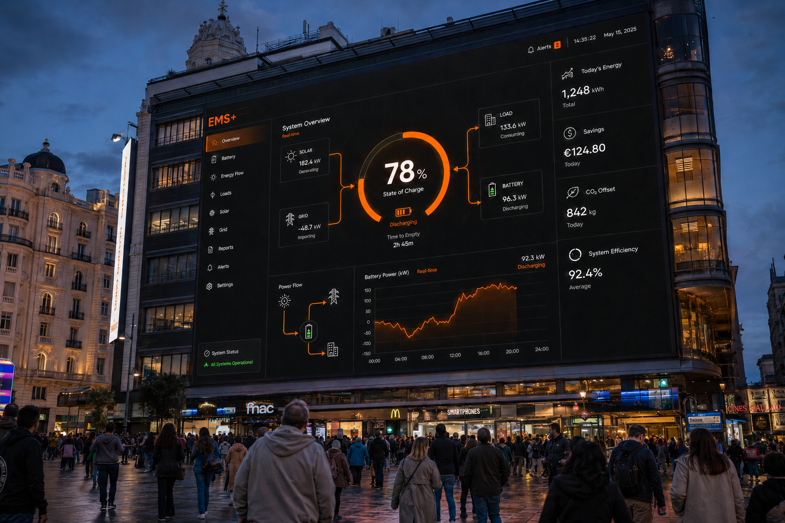 EBG EMS+ dashboard displayed across a large city-square billboard at dusk.